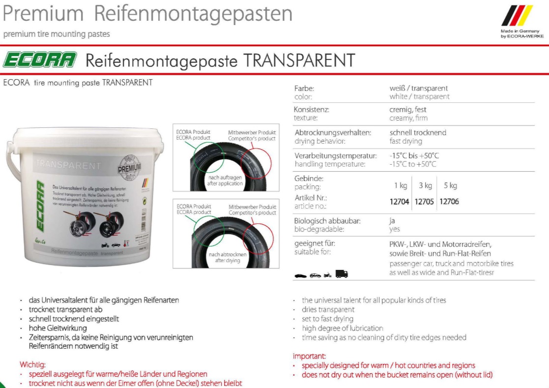 TRANSPARENT Reifenmontagepaste Montierpaste 3kg premium (Made in Germ